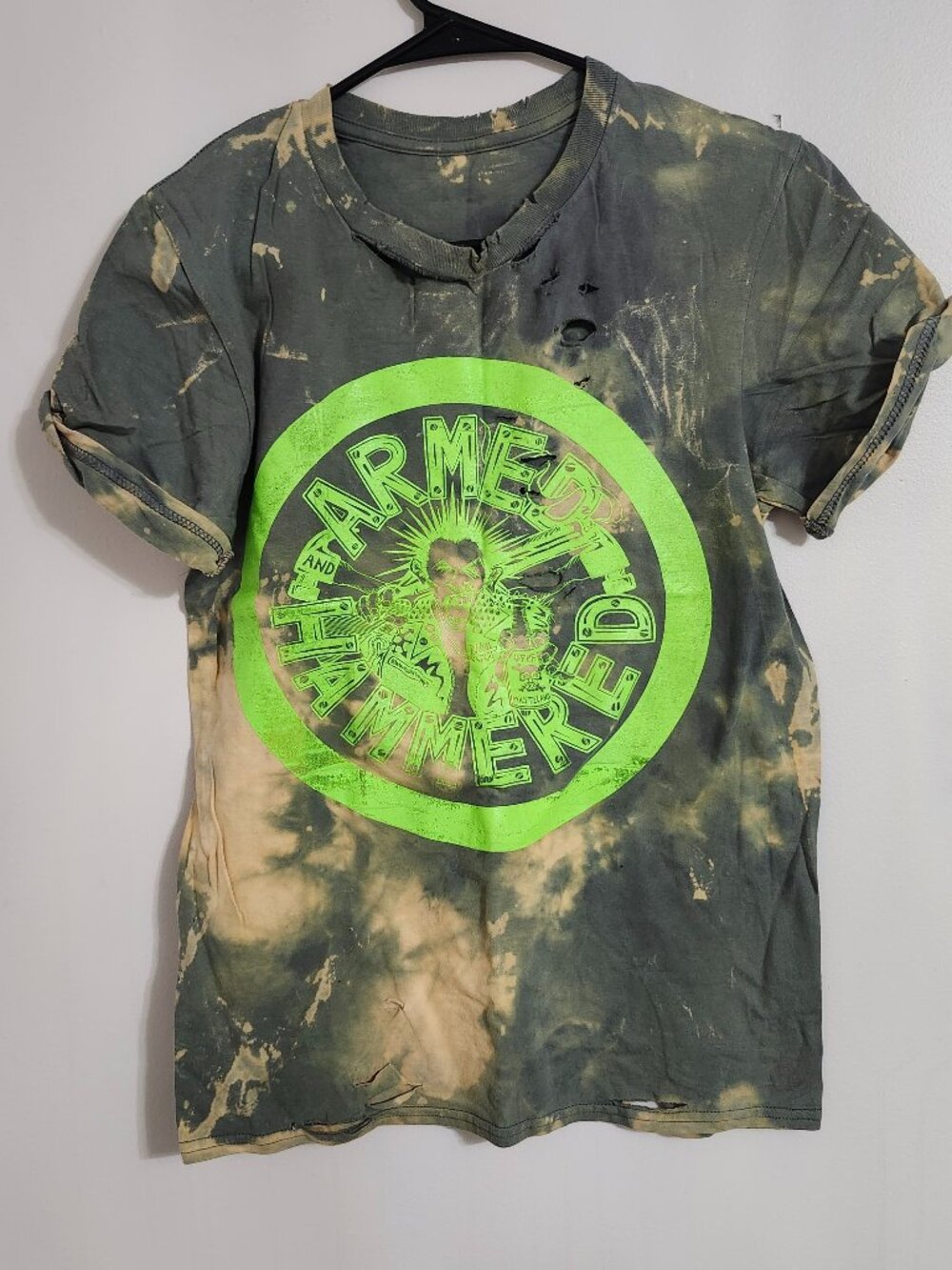 Bleached and Distressed "Armed and Hammered" Graphic T-Shirt Unisex size S